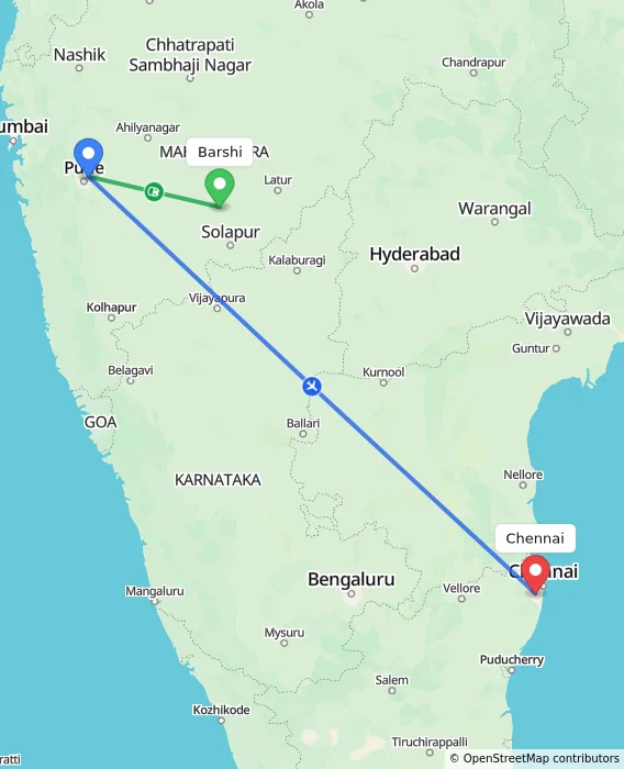 Route map showing distance and travel time from Barshi, India to Chennai, India