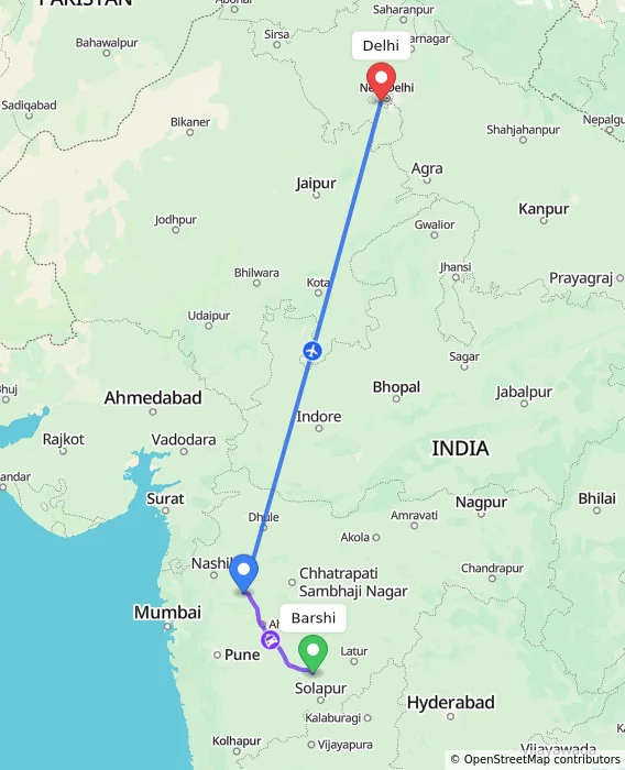Route map showing distance and travel time from Barshi, India to Delhi, India