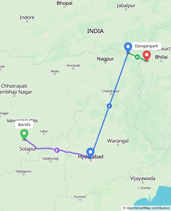 Route map showing distance and travel time from Barshi, India to Dongargarh, India