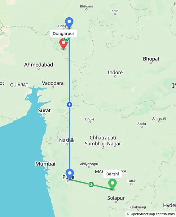 Route map showing distance and travel time from Barshi, India to Dungarpur, India