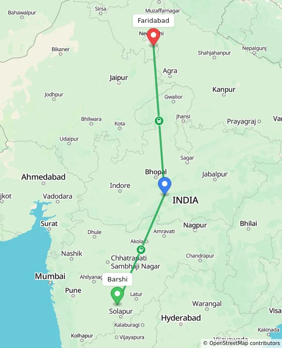 Route map showing distance and travel time from Barshi, India to Faridabad, India