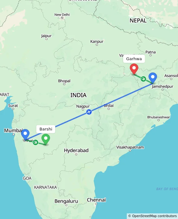 Route map showing distance and travel time from Barshi, India to Garhwa, India