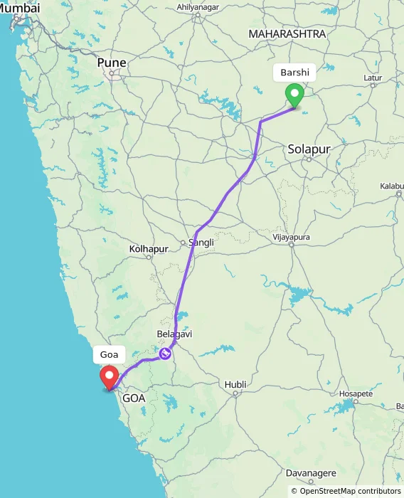 Route map showing distance and travel time from Barshi, India to Goa, India