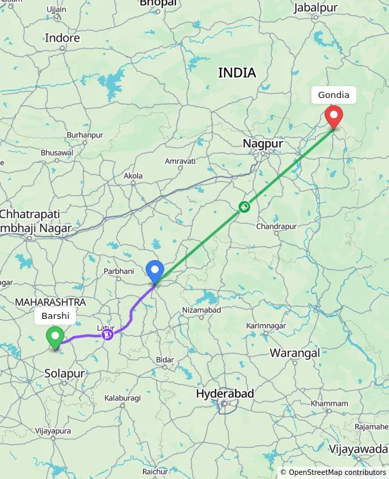 Route map showing distance and travel time from Barshi, India to Gondia, India