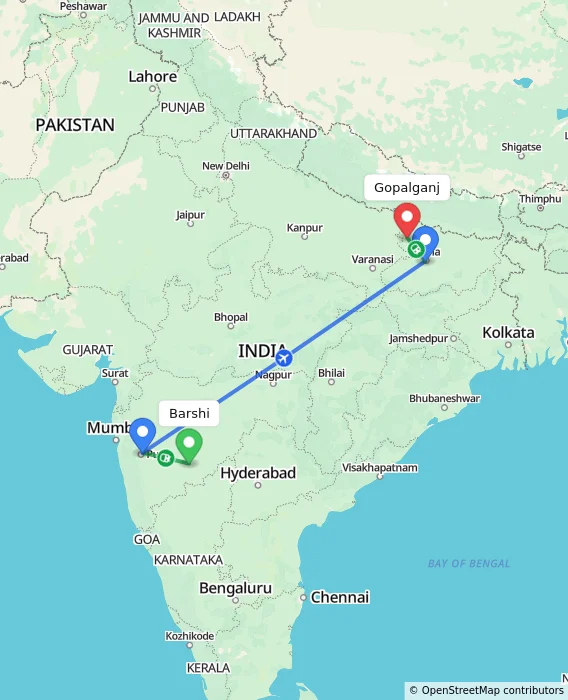 Route map showing distance and travel time from Barshi, India to Gopalganj, India