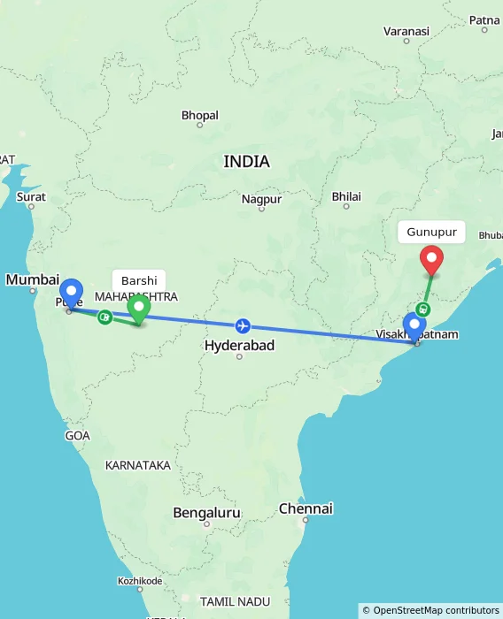 Route map showing distance and travel time from Barshi, India to Gunupur, India