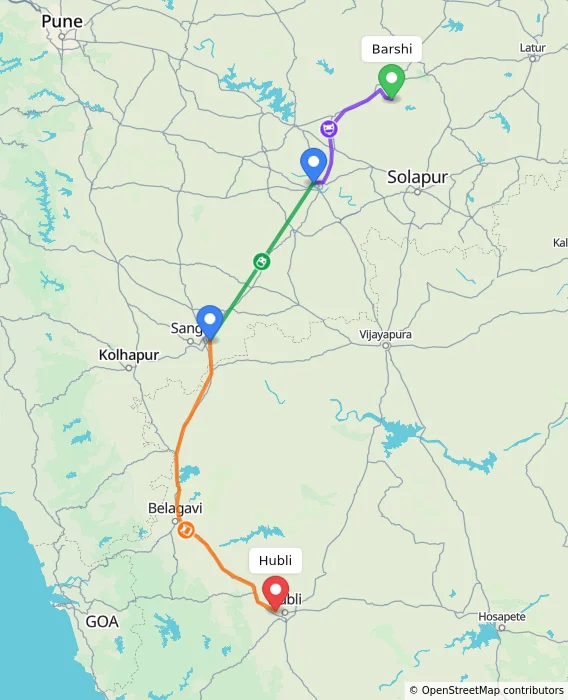 Route map showing distance and travel time from Barshi, India to Hubli, India
