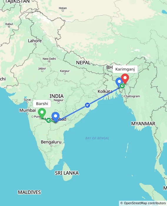 Route map showing distance and travel time from Barshi, India to Karimganj, India