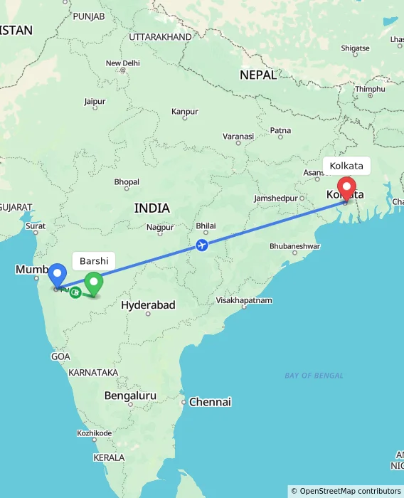 Route map showing distance and travel time from Barshi, India to Kolkata, India