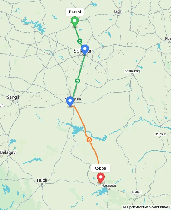 Route map showing distance and travel time from Barshi, India to Koppal, India