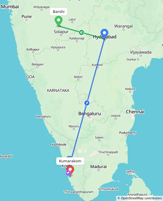 Route map showing distance and travel time from Barshi, India to Kumarakom, India