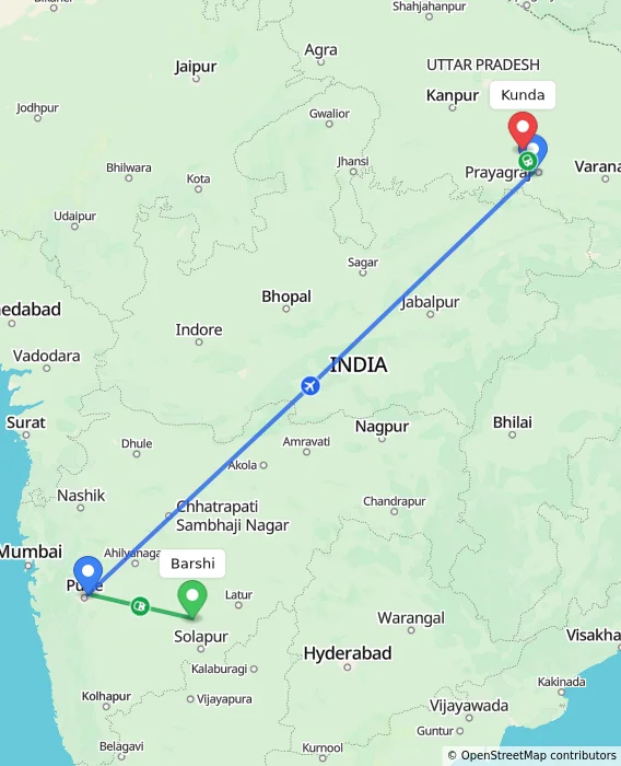 Route map showing distance and travel time from Barshi, India to Kunda, India