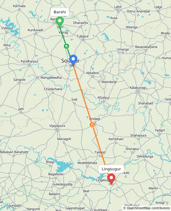 Route map showing distance and travel time from Barshi, India to Lingsugur, India