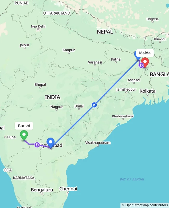 Route map showing distance and travel time from Barshi, India to Malda, India
