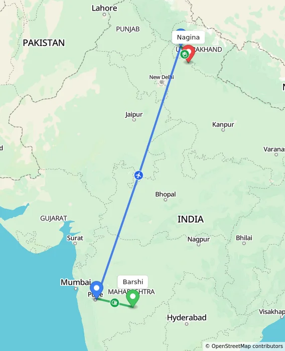 Route map showing distance and travel time from Barshi, India to Nagina, India