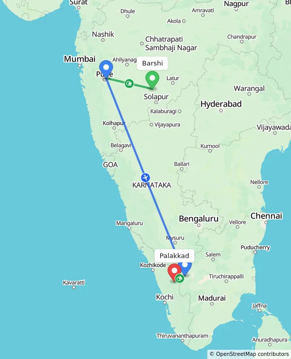 Route map showing distance and travel time from Barshi, India to Palakkad, India