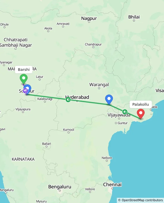 Route map showing distance and travel time from Barshi, India to Palakollu, India