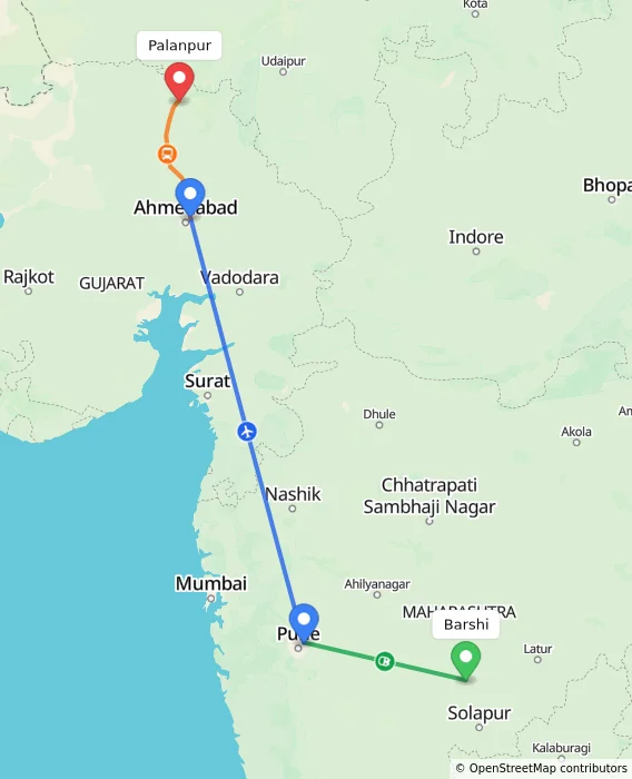 Route map showing distance and travel time from Barshi, India to Palanpur, India