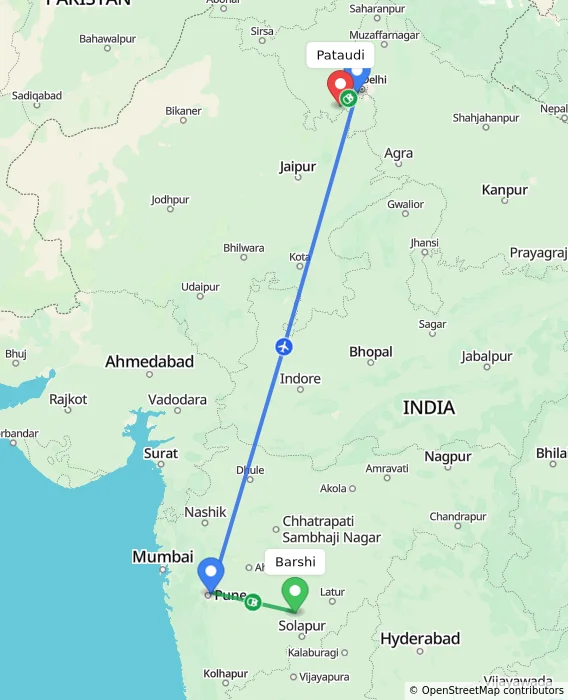 Route map showing distance and travel time from Barshi, India to Pataudi, India