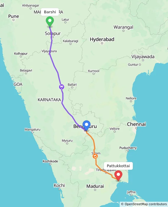 Route map showing distance and travel time from Barshi, India to Pattukkottai, India