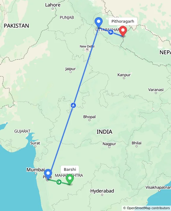 Route map showing distance and travel time from Barshi, India to Pithoragarh, India