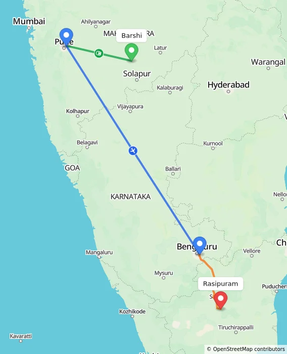 Route map showing distance and travel time from Barshi, India to Rasipuram, India