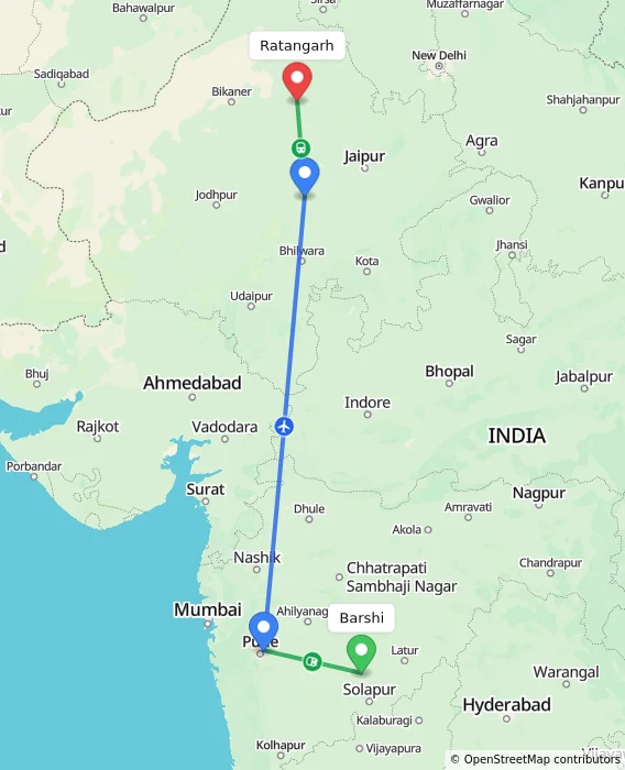 Route map showing distance and travel time from Barshi, India to Ratangarh, India