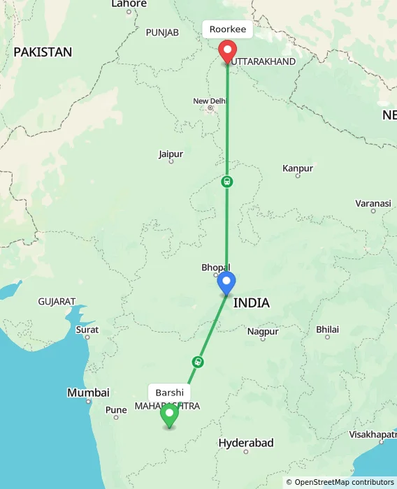 Route map showing distance and travel time from Barshi, India to Roorkee, India