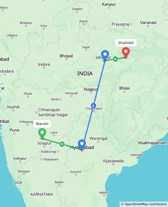Route map showing distance and travel time from Barshi, India to Shahdol, India