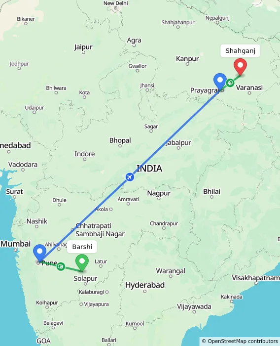 Route map showing distance and travel time from Barshi, India to Shahganj, India