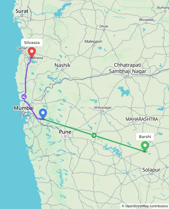 Route map showing distance and travel time from Barshi, India to Silvassa, India