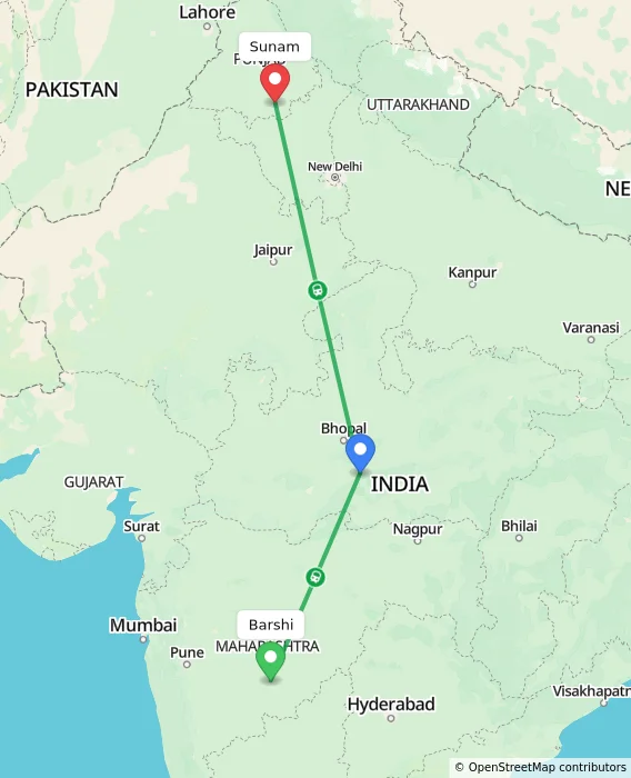 Route map showing distance and travel time from Barshi, India to Sunam, India