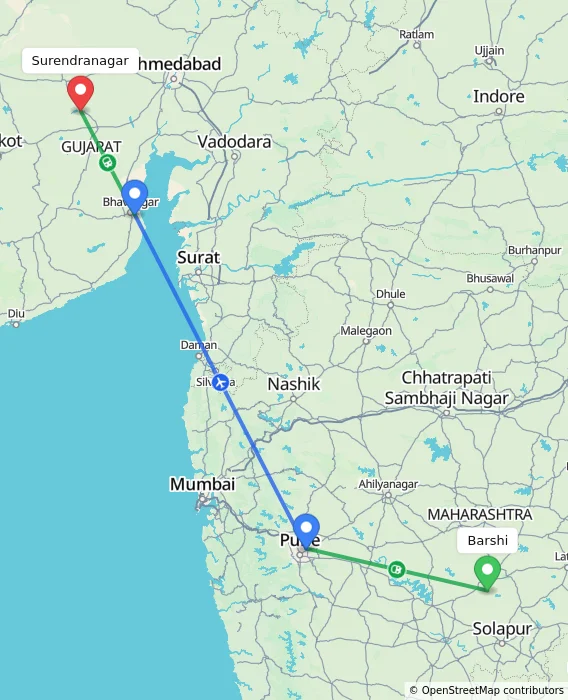 Route map showing distance and travel time from Barshi, India to Surendranagar, India