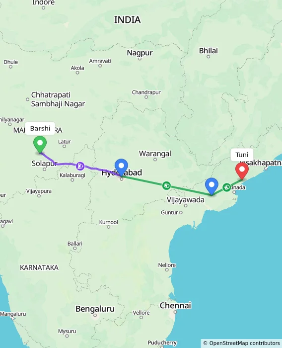 Route map showing distance and travel time from Barshi, India to Tuni, India