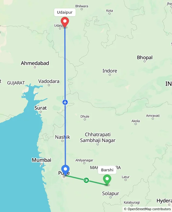 Route map showing distance and travel time from Barshi, India to Udaipur, India