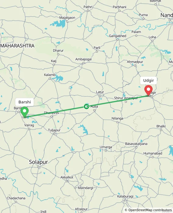 Route map showing distance and travel time from Barshi, India to Udgir, India