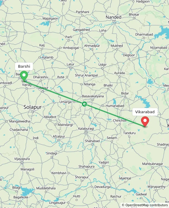 Route map showing distance and travel time from Barshi, India to Vikarabad, India