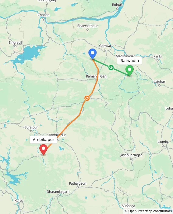 Route map showing distance and travel time from Barwadih, India to Ambikapur, India