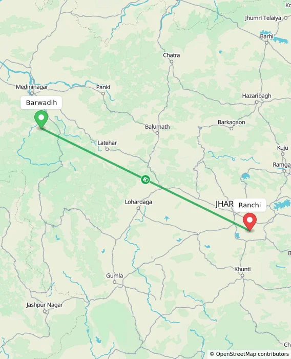 Route map showing distance and travel time from Barwadih, India to Ranchi, India