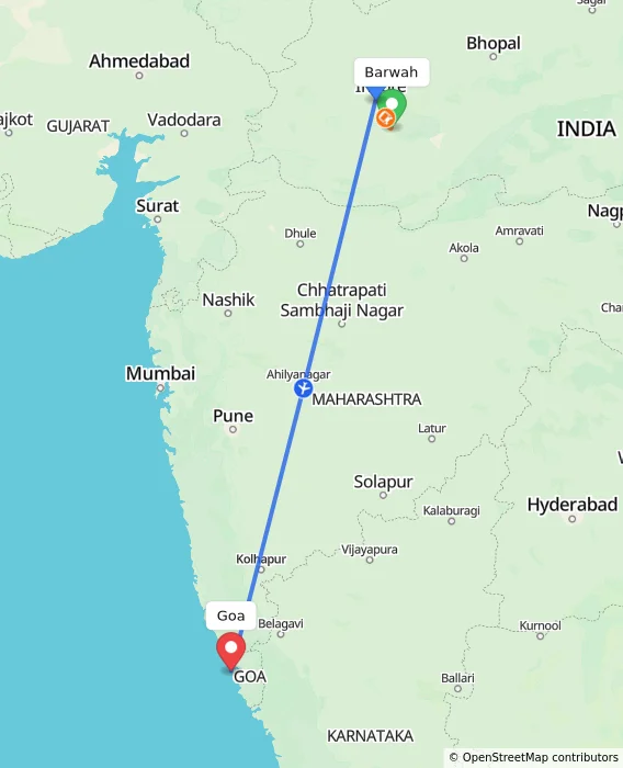 Route map showing distance and travel time from Barwah, India to Goa, India