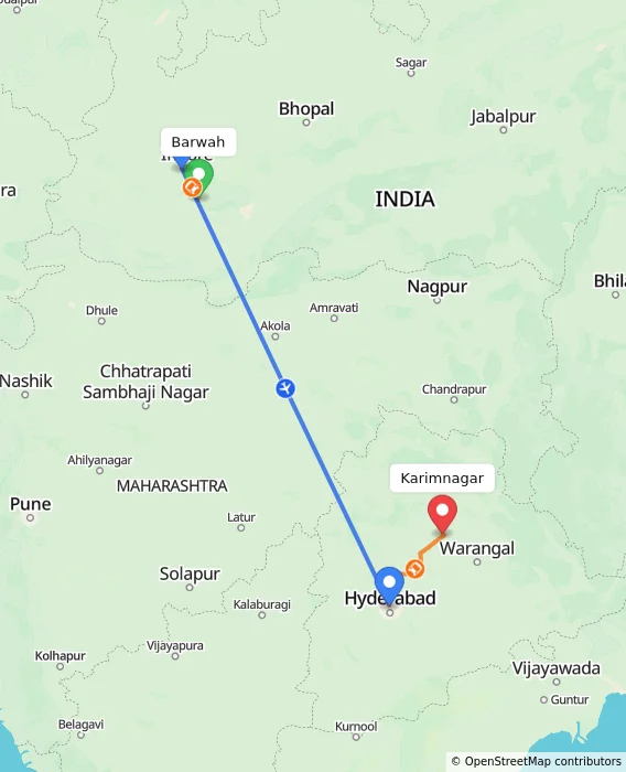 Route map showing distance and travel time from Barwah, India to Karimnagar, India