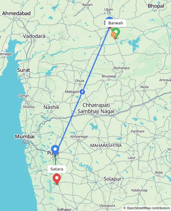 Route map showing distance and travel time from Barwah, India to Satara, India