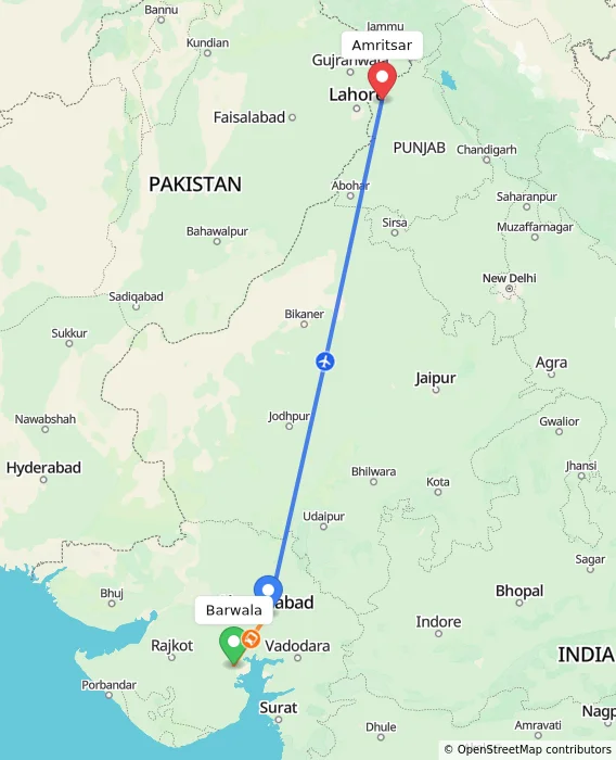 Route map showing distance and travel time from Barwala, India to Amritsar, India