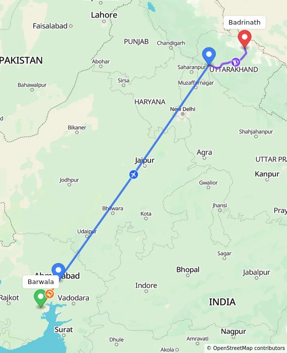 Route map showing distance and travel time from Barwala, India to Badrinath, India