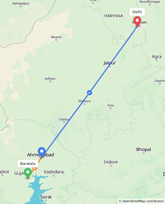 Route map showing distance and travel time from Barwala, India to Delhi, India
