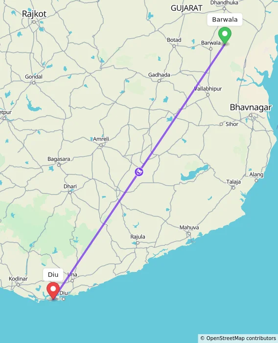 Route map showing distance and travel time from Barwala, India to Diu, India