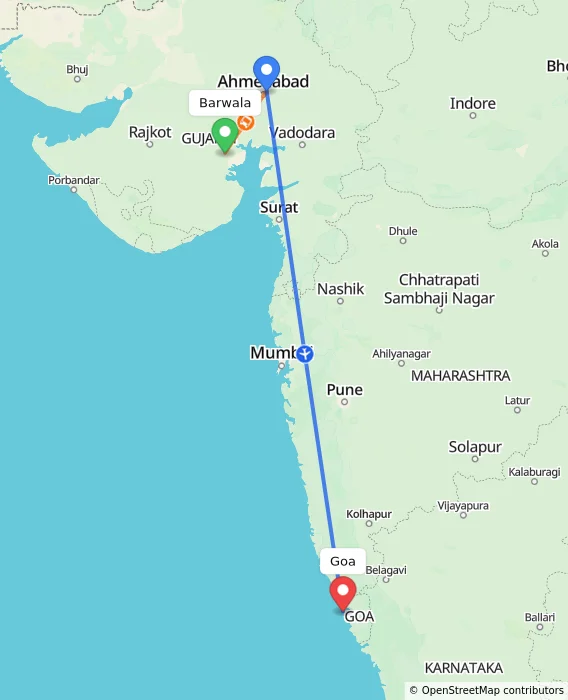 Route map showing distance and travel time from Barwala, India to Goa, India