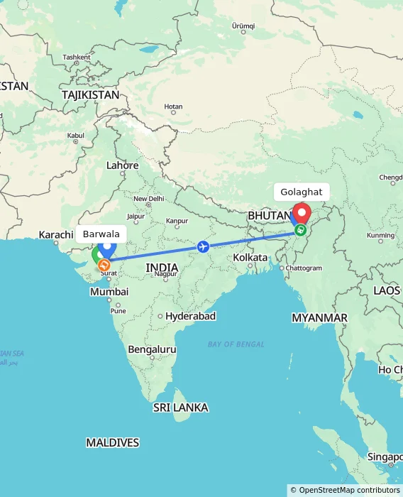 Route map showing distance and travel time from Barwala, India to Golaghat, India