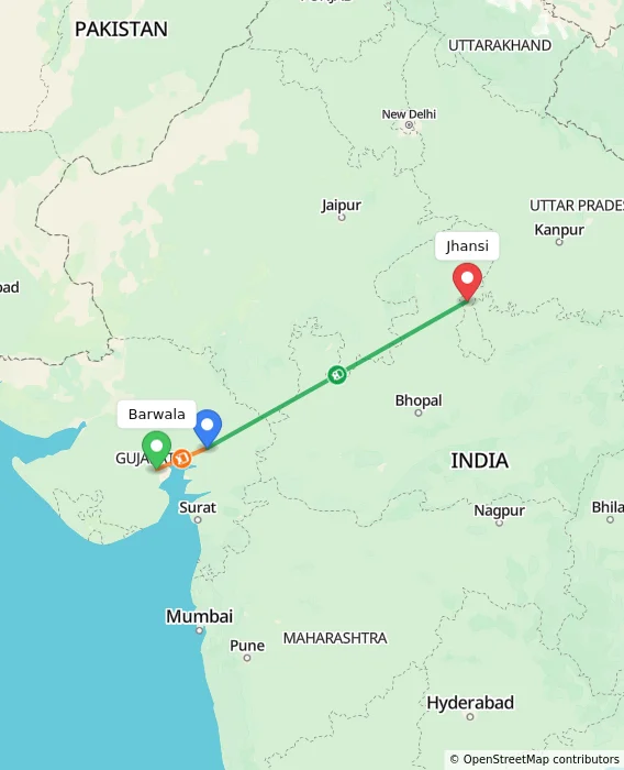 Route map showing distance and travel time from Barwala, India to Jhansi, India