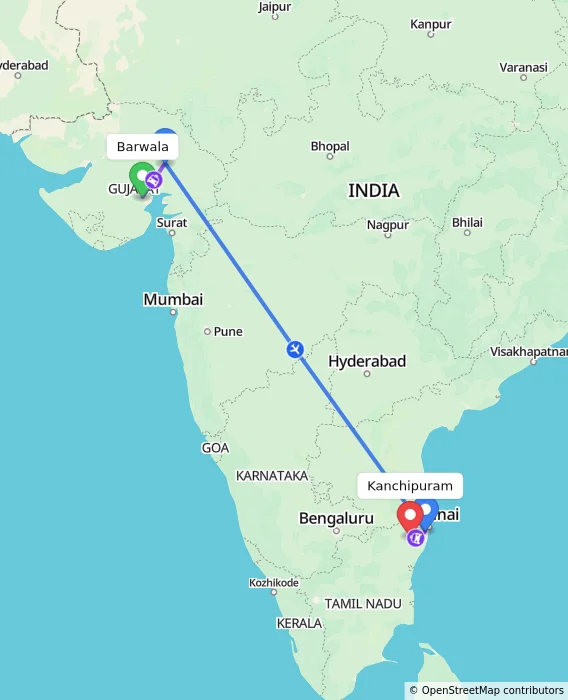 Route map showing distance and travel time from Barwala, India to Kanchipuram, India